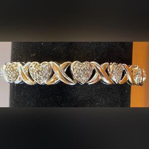 Sterling Silver 925 Heart Tennis Bracelet Clear Stones XO Link 7.5 Inch Love
